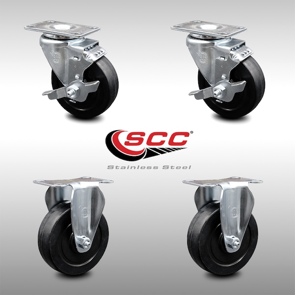 4 Inch SS Soft Rubber Wheel Top Plate Caster Set with 2 Brake 2 Rigid SCC